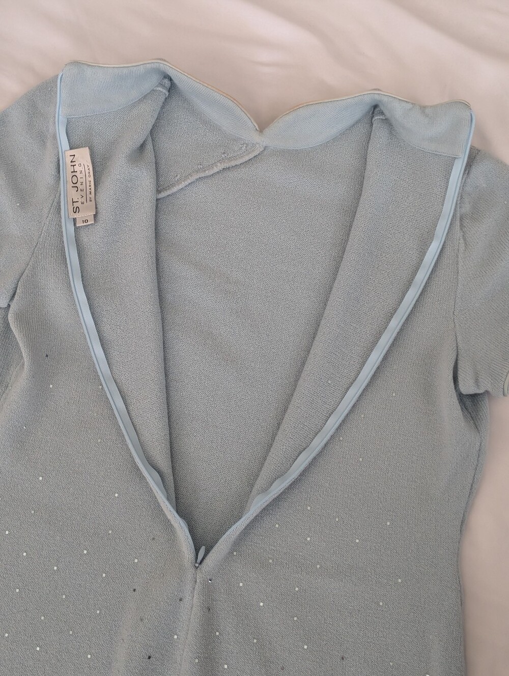 St John Evening Marie Gray Sparkle Pale Blue Knit Asian Midi Sheath Dress Sz 10 - Picture 6 of 15